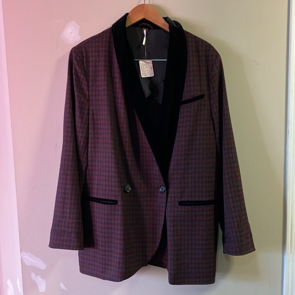 Free People oversized plaid velvet trim blazer size Large - Picture 3 of 11